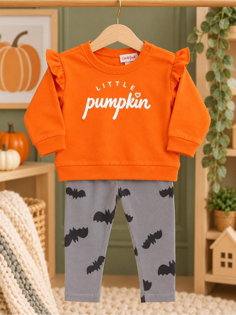 Cat & Jack Little Pumpkin Halloween Sweatshirt Bat Leggings Set 0-3M NWT